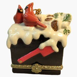 Christmas Trinket Box Red Cardinals Snow Covered Mailbox Ornament Ceramic